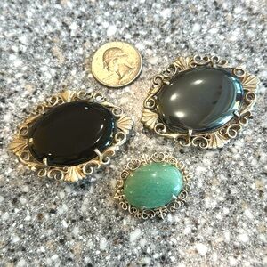 Set of 3 Sterling silver pins w/stones: hematite, green adventurine, black onyx